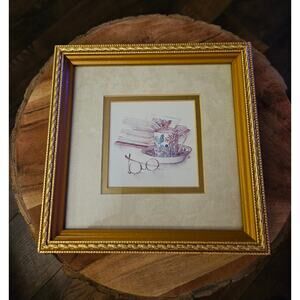 Gold Framed Vintage Carolyn Bucha Tea and Book Watercolor Print 7x7"
